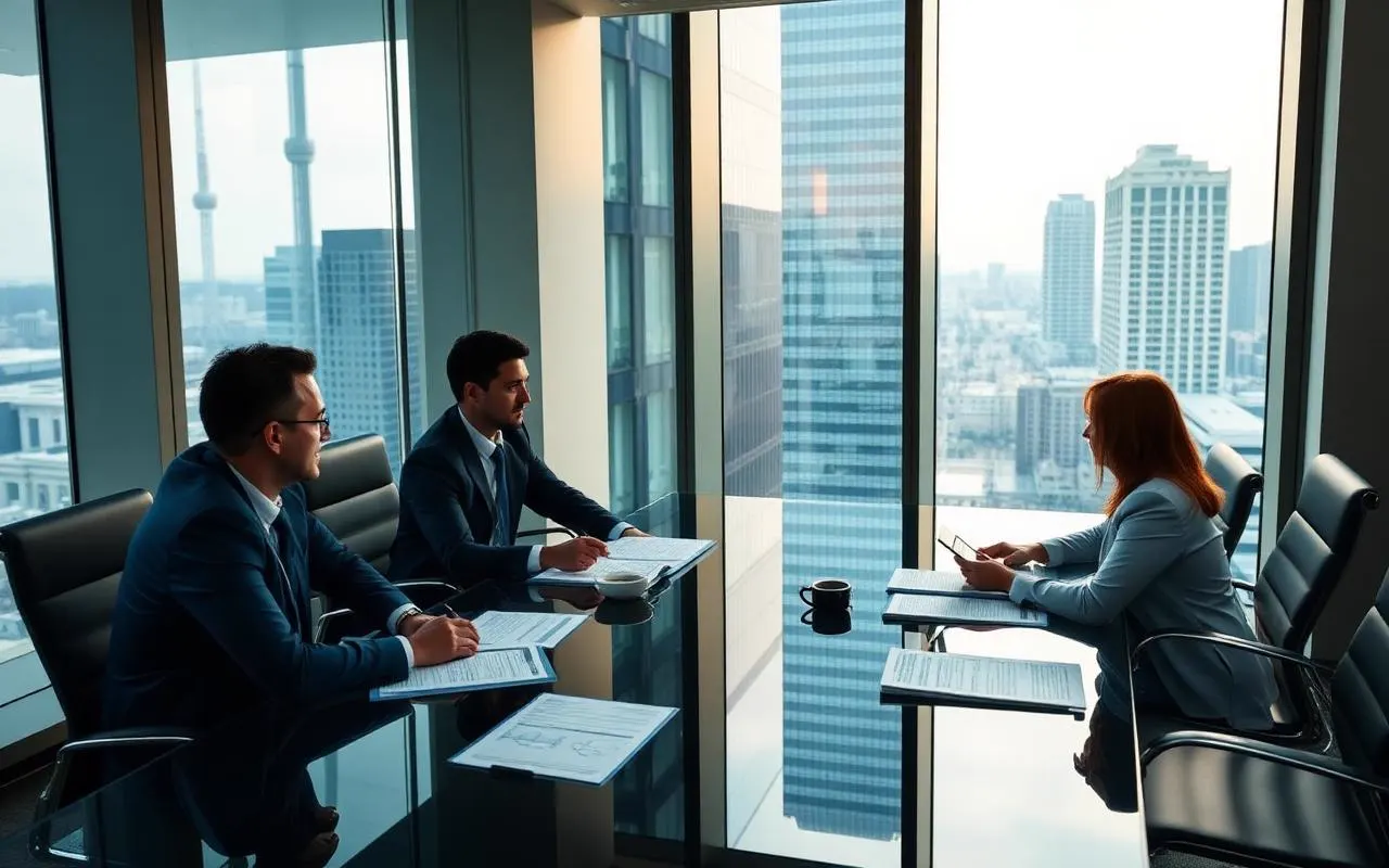 Executive risk governance meeting in a formal banking boardroom
