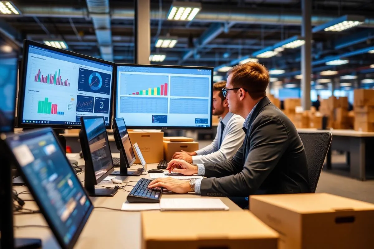 Retail distribution analysts reviewing inventory and margin dashboards