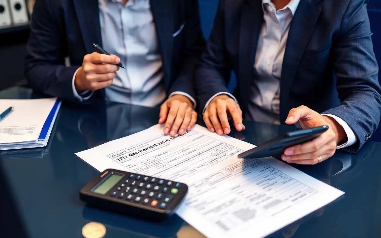 Finance professionals reviewing tax documents and reconciliation schedules