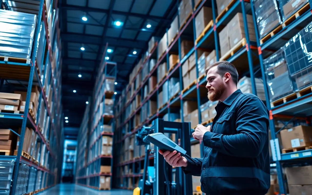 Warehouse inventory dashboard with barcode scanning and organized storage racks