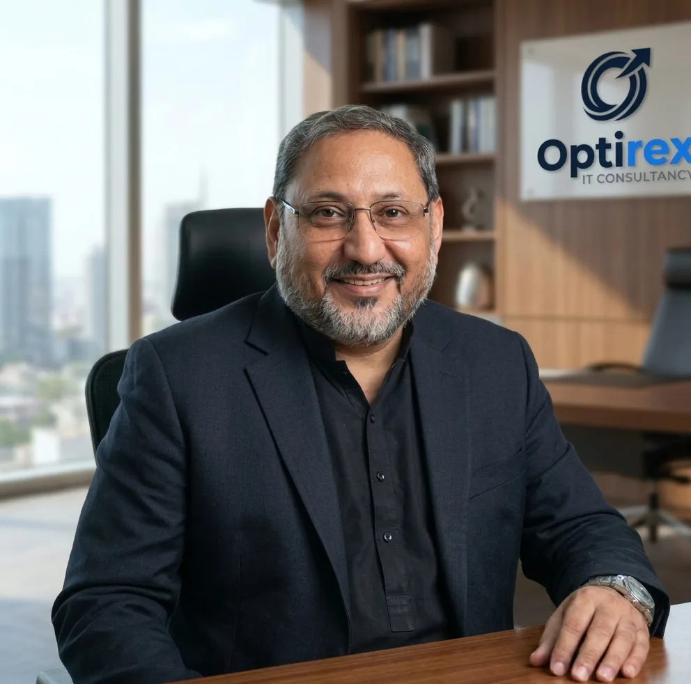 Fawad Sarwar, Founder and CEO of Optirex, in formal executive attire